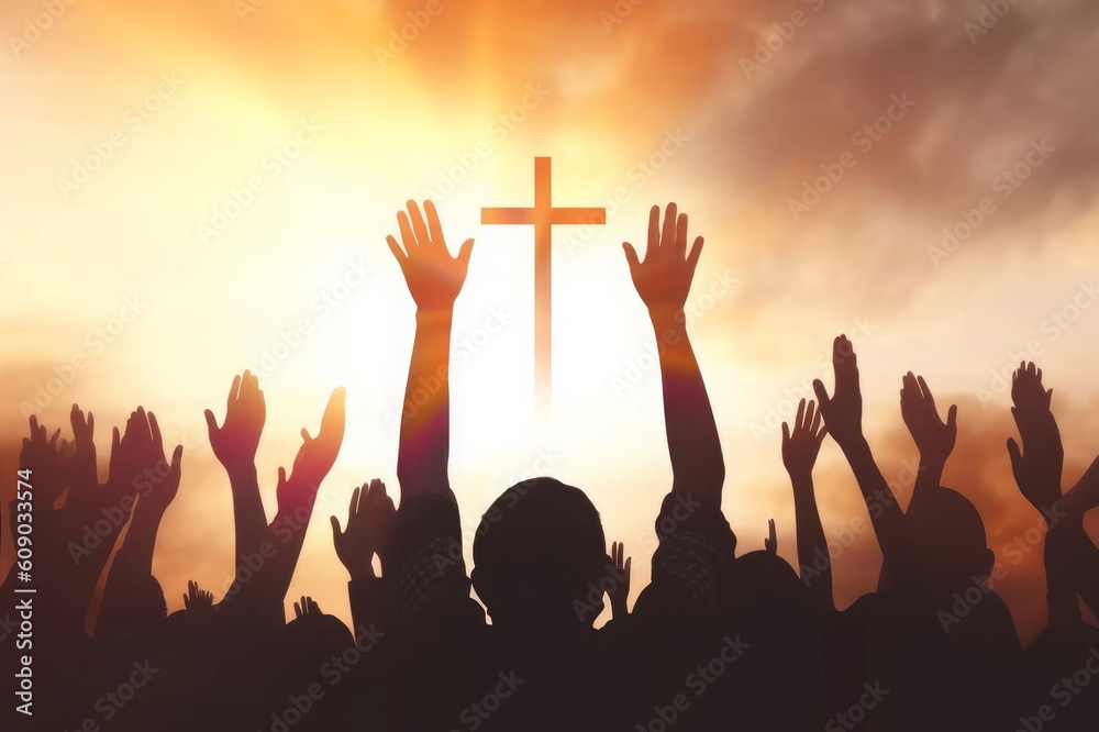 Wall mural Worship concept: christian people Raise hand over cross on spiritual sky background, Generative AI - Wall murals