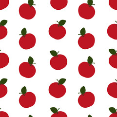 Vector seamless pattern with red apples and green leaves in cartoon style