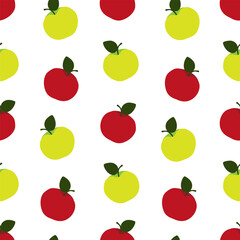 Vector seamless pattern with red and green apples and leaves in cartoon style