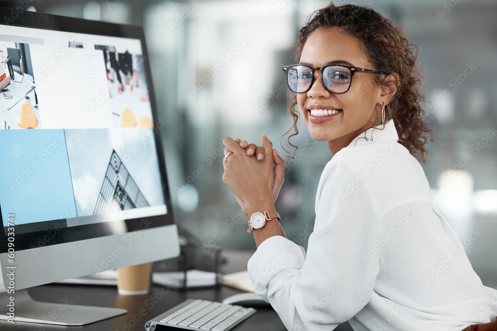 Poster architect woman at desk, computer screen or web design for construction firm or agency. professional