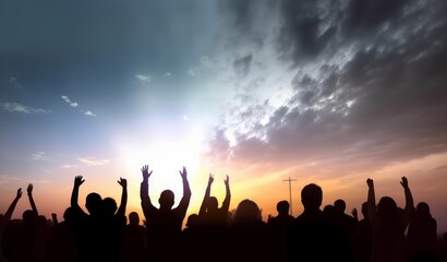 Fototapeta na wymiar Worship and praise concept: Silhouette many people raised hands over sunset background, Generative AI