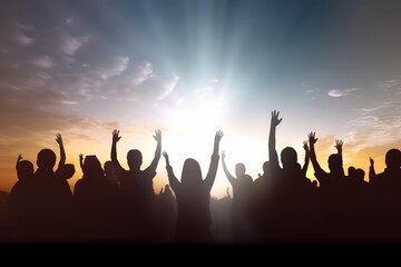 Worship and praise concept: Silhouette many people raised hands over sunset background, Generative AI
