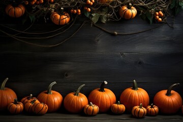 Photo of pumpkins on black wooden background for the holiday Halloween. Generative AI