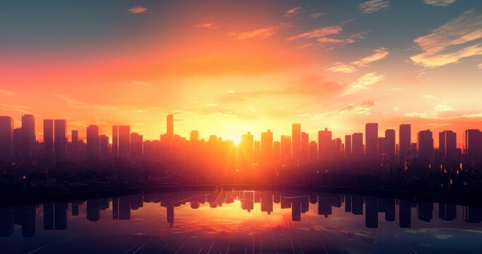 World Cities Day concept: Abstract  city sunset background, Generative AI