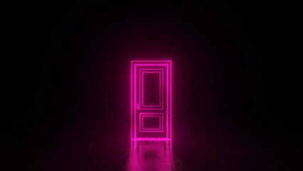 Pink neon closed door with glowing lines. Cyberpunk neon door background concept. Glowing neon frame. Modern 3d graphic concept. 3D rendering