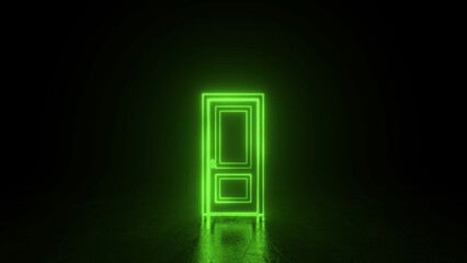 Green neon closed door with glowing lines. Cyberpunk neon door background concept. Glowing neon frame. Modern 3d graphic concept. 3D rendering