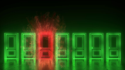 A row of seven green doors and one red with a flash. Choice concept. Cyberpunk neon door background concept. Glowing neon frame. Modern 3d graphic concept. 3D rendering