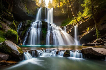 A captivating waterfall cascading down a rocky cliff, surrounded by lush greenery and vibrant wildflowers, rays of sunlight piercing through the canopy above