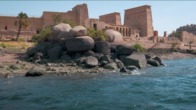 Philae temple complex ,an island-based temple complex in the reservoir of the Aswan Low Dam, downstream of the Aswan Dam and Lake Nasser, Egypt. External daylight shot