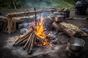 campfire cooking with a stick-and-rangerchef, preparing smoky and juicy campfire feast, created with generative ai