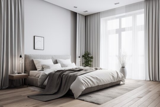 decluttered bedroom with crisp white sheets and minimalistic decor, created with generative ai