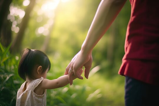 parent holding the child's hand with nature background, Generative AI