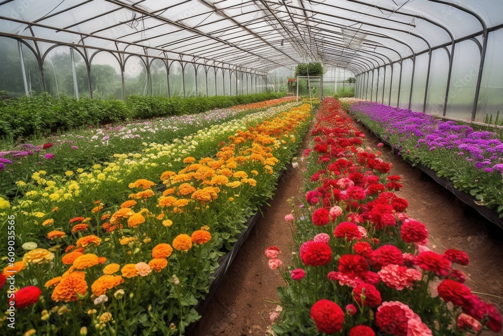 Poster greenhouses with rows of colorful and fragrant flowers, created with generative ai