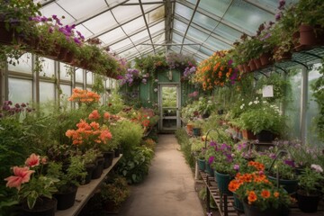Fototapeta na wymiar greenhouse filled with lush greenery and vibrant flowers, created with generative ai