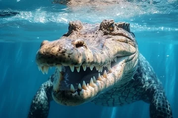 Zelfklevend Fotobehang Saltwater amercan crocodile closeup underwater shot. Generative AI © NishanPrabodhana