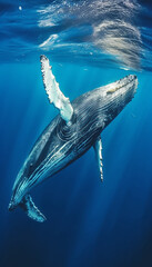 Underwater shot of whale is swimming in the blue ocean or sea. Generative AI