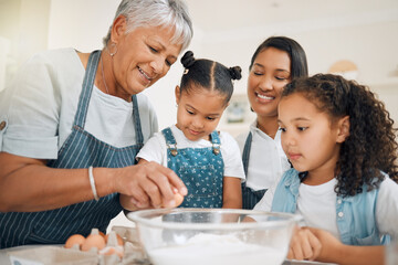 Obraz na płótnie Canvas Grandmother teaching, mom or kids baking in kitchen as a happy family with young girl learning a recipe. Mixing cake, parent or grandma smiling or helping children to bake with eggs for development