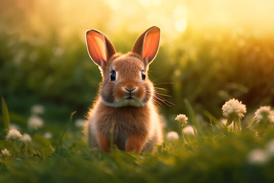 Baby bunny sitting in spring grass on the meadow. Generative AI