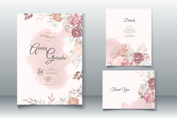 Brown wedding invitation template set with floral frame Premium Vector	