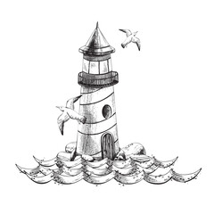 Sea lighthouse on stones with waves and flying seagulls. EPS hand drawn black and white vector graphic illustration. Isolated composition on a white background.