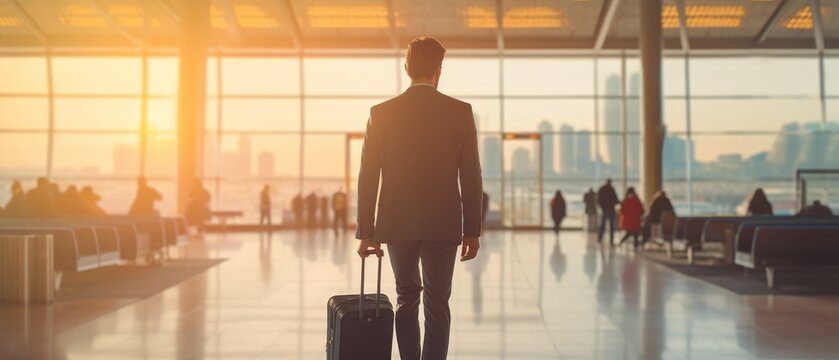 Business man in a suit at the airport, travel and business concept. Generative AI