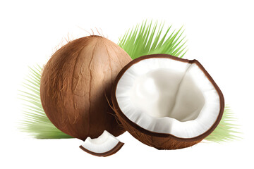 3D realistic Coconut with half and leaves isolated vector 