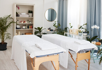 Spa, bed and wellness salon for treatment or luxury resort bed or vacation and relaxation room....