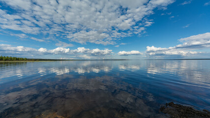 Reflection of clouds on the surface of Lokka reservoir in Finnish Lapland