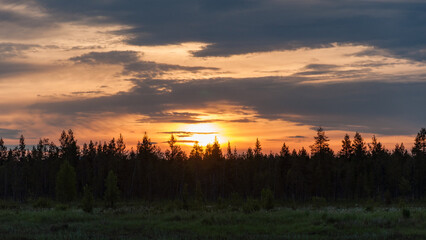 Fototapeta na wymiar Midnight sun over forests by the Luirojoki river in Finnish Lapland