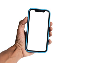 Black male hand holding a smart phone isolated blank screen