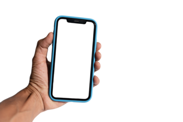 Black male hand holding a smart phone isolated blank screen