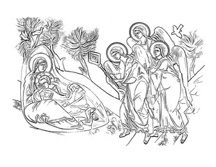 Jesus- Eye of Providence. Illustration in Byzantine style. Coloring page on white background