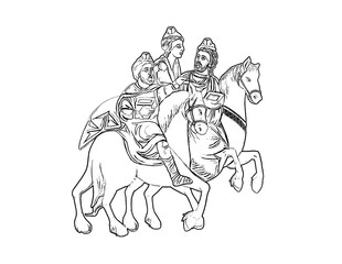 The Adoration of the Magi. Three Kings. Christmas religious illustration in Byzantine style. Coloring page on white background