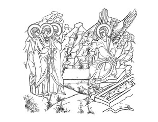 Myrrhbearing Women at the Tomb of Christ. Illustration in Byzantine style. Coloring page on white background