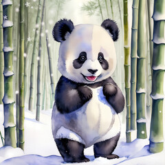 Cute giant panda baby on snow in the winter time. Animal illustration painting, generative ai. - 609040126