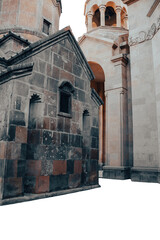 Ancient carved church walls with spires isolated PNG photo with transparent background.