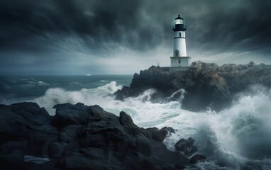 Lighthouse in the Storm: Iconic Beacon Illuminates the Rugged Coastline Amidst Turmoil, Generative AI