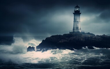 Lighthouse in the Storm: Iconic Beacon Illuminates the Rugged Coastline Amidst Turmoil, Generative AI