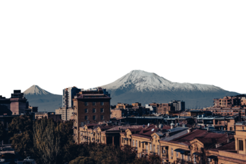 Cityscape with mountain view in a day time isolated PNG photo with transparent background.