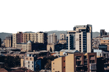 Cityscape in a morning time view in full color isolated PNG photo with transparent background.