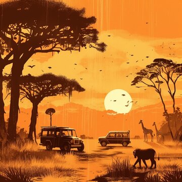 Unforgettable Wildlife Safari: Jeep Safari with Elephants and Giraffes in the Heart of Africa, Generative AI