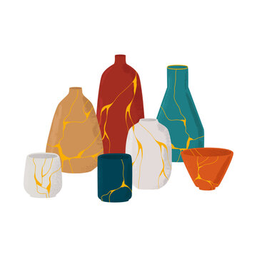 Vector set of Kintsugi ceramics. A composition of dishes made in oriental technique with golden lines. Restored antique tableware. Isolated design on a white background.