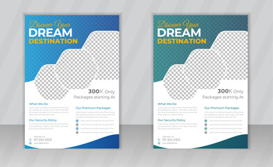 Travel Vacation Tour Agency Flyer Template Design. set of travel flyer template with abstract background style and modern leaflet layout use for promotion ads and travelling poster