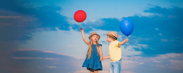 Kids Love. Joyful little couple having fun and celebrating Valentines Day. Best Valentines Day Ideas. Spring and kid. Wide photo banner for website header.