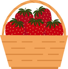 Vector illustration of straw basket with strawberries in cartoon style