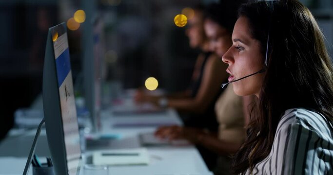 Call center, night and female customer support agent in the office doing online consultation. Contact us, technology and woman telemarketing consultant working overtime on crm in a dark workplace.