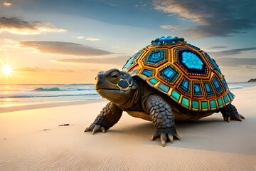 turtle on the beach at sunset