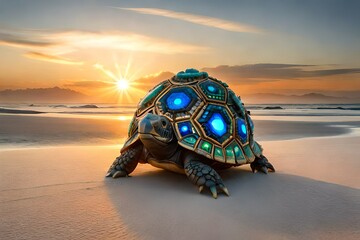 turtle on the beach at sunset