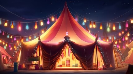 Colorful circus tent with lights and lamps. Generative AI