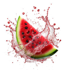 dynamic fresh piece of a water melon with water splash on transparent background - refreshing summer food fruit concept